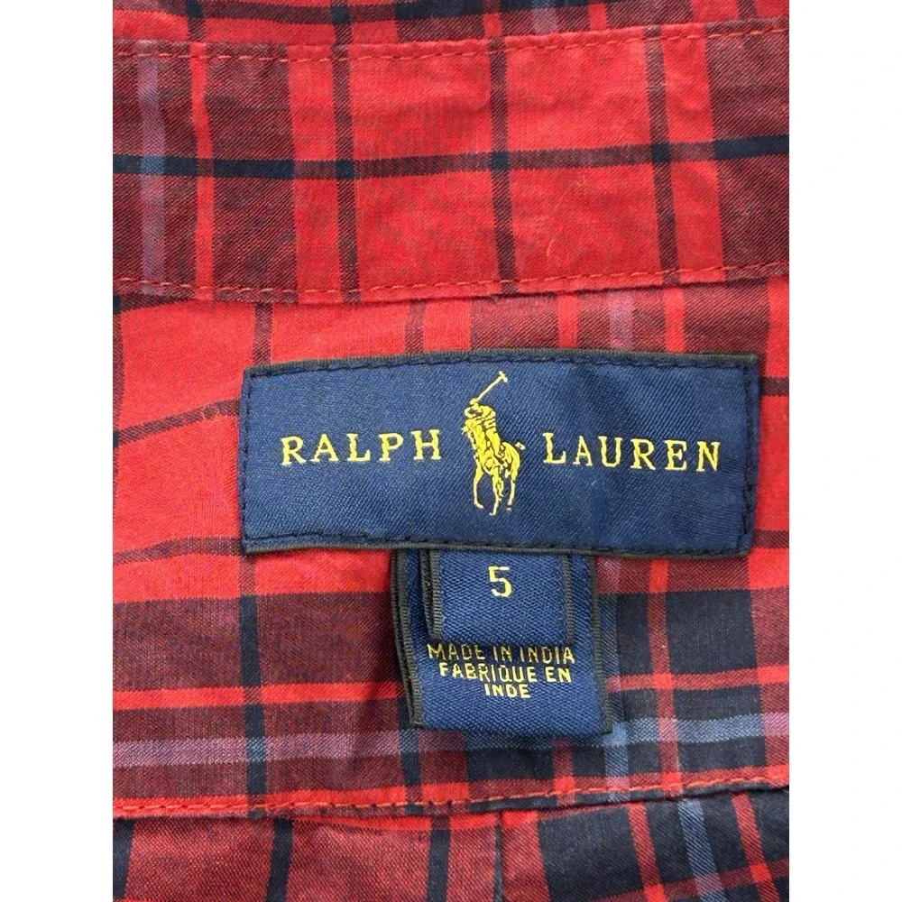 Ralph Lauren Boys Size 5 Red Navy Plaid Button Down Shirt 100% Cotton
